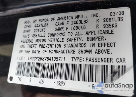 2008 Honda Accord 2.4 Ex-L z USA, uszkodzony, nr VIN 1HGCP26878A105711